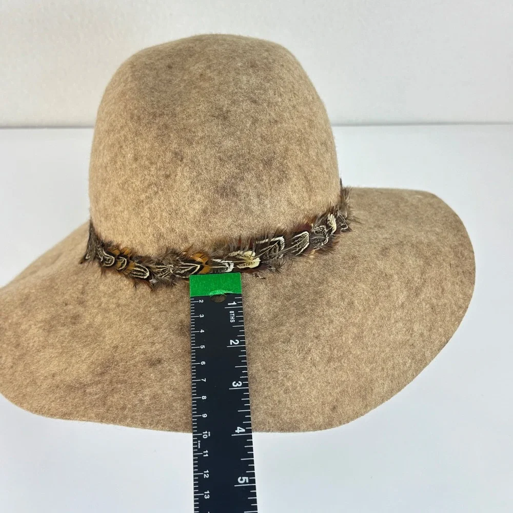Boho Wide Brim Floppy Sun Hat Wool Feather Trim Winter Western Neutral Women OS